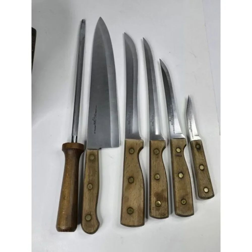 Vintage Old Homestead 7-Piece‎ Block Kitchen Steak Knife Country Bakery 80s 70s